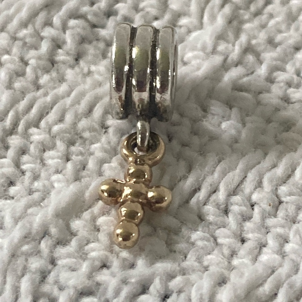 Retired ~Pandora~ Sterling Silver 925 & 14k Gold “Cross” Dangle Charm 790169.